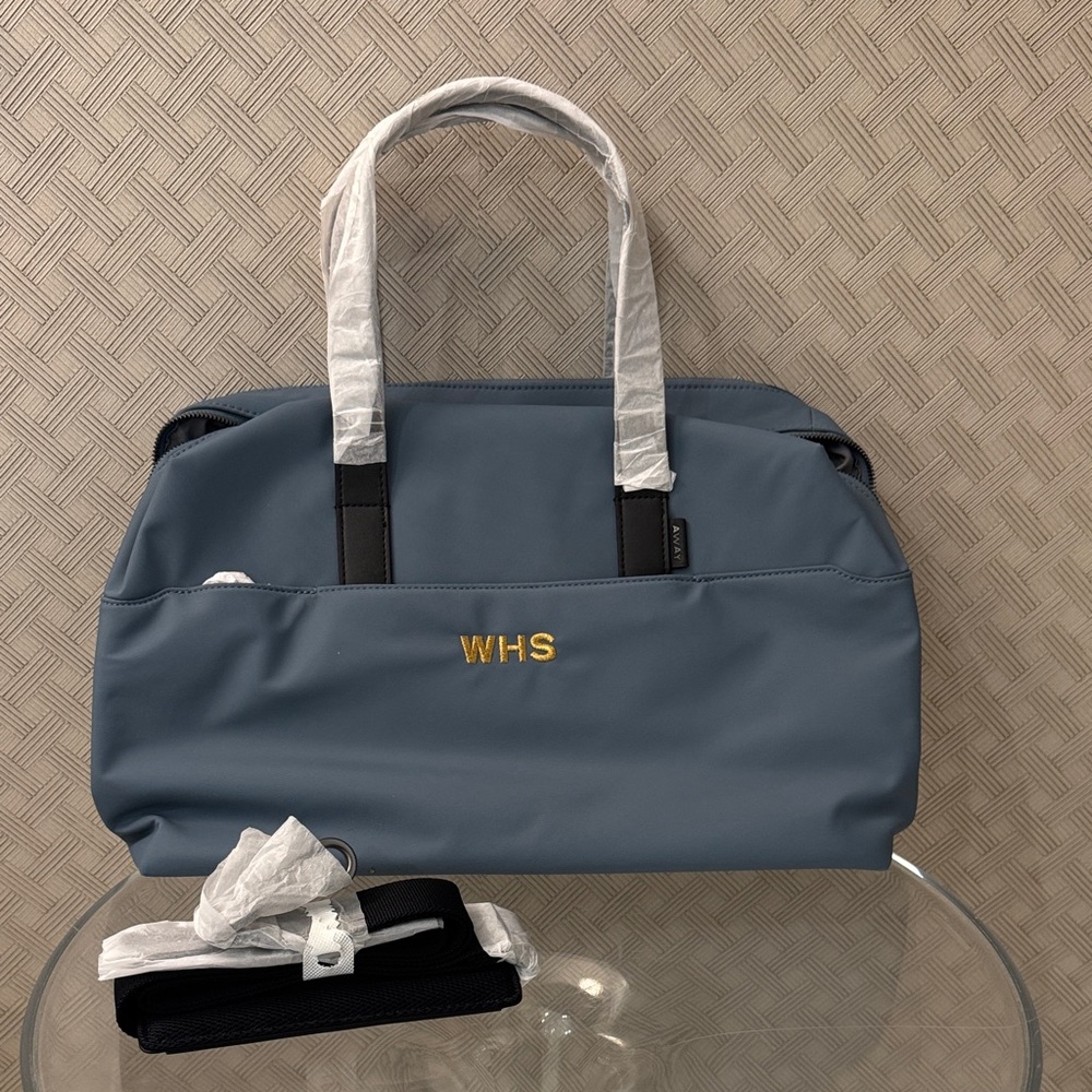 Away The Everywhere Bag in a blue color with gold initial monogramming WHS  NEW